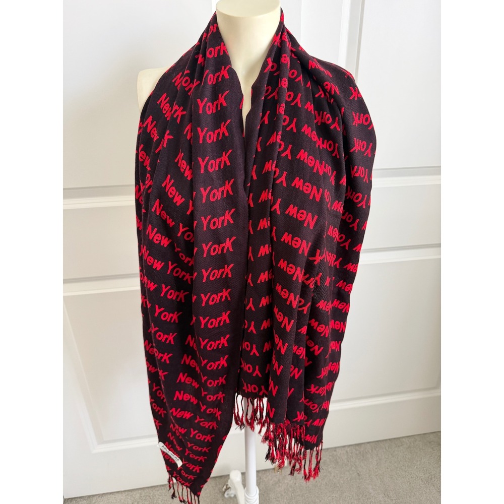 Pashmina New York Logo Print Fringe Scarf Red Black Graphic Statement Wrap
